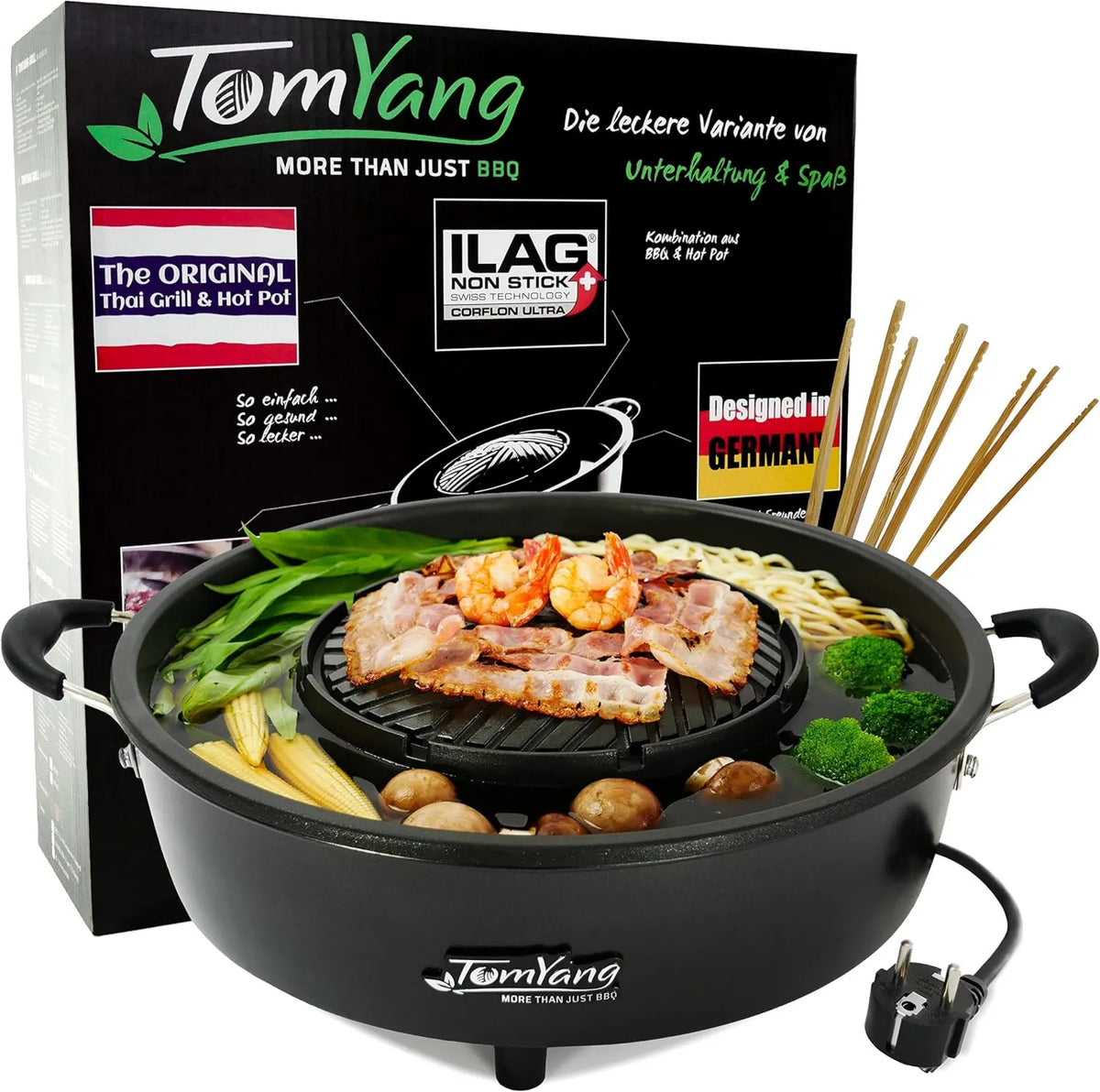 TomYang Hot Pot, funkcja grilla, powłoka nieprzywierająca, oryginalny grill tajski, zaprojektowany w Niemczech, szwajcarska powłoka nieprzywierająca