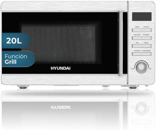 HYUNDAI, Kuchenka mikrofalowa, 20 l, 700 W, 8 programów, licznik czasu, grill, rozmrażanie, stal nierdzewna