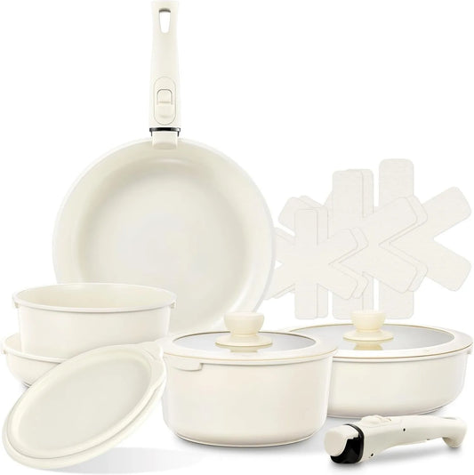 FOHERE, Naczynia kuchenne z piekarnikiem, wymienne, bateria patelni i patelni, Anti-stick ceramiczne baterii kuchennej z 2 wyjmowanych uchwytów