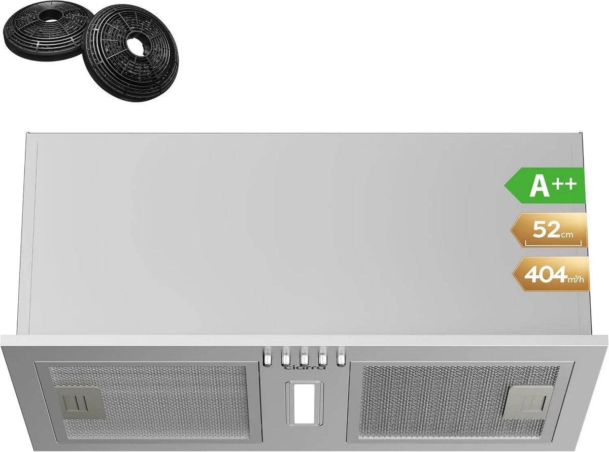 CIARRA okap kuchenny, CBCS5937A CBCF002X2, 52 cm, 404 m3 / h, ewakuacja i recykling, oświetlenie LED, 3 prędkości, do zabudowy m3/h