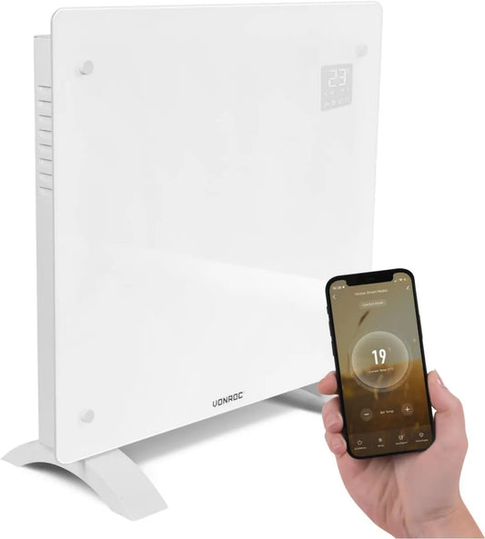 VONROC, Elektryczny grzejnik, 1000 W, zegar, zamek, WiFi, termostat, tłumik, biały, Konwektor Design dla części do 12 m², LED